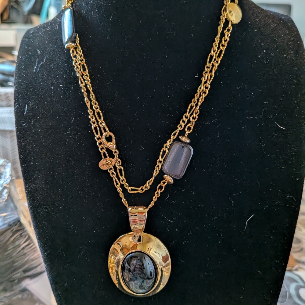 Worthington Gold-Tone Layered Necklace with Black Beads and Pendant